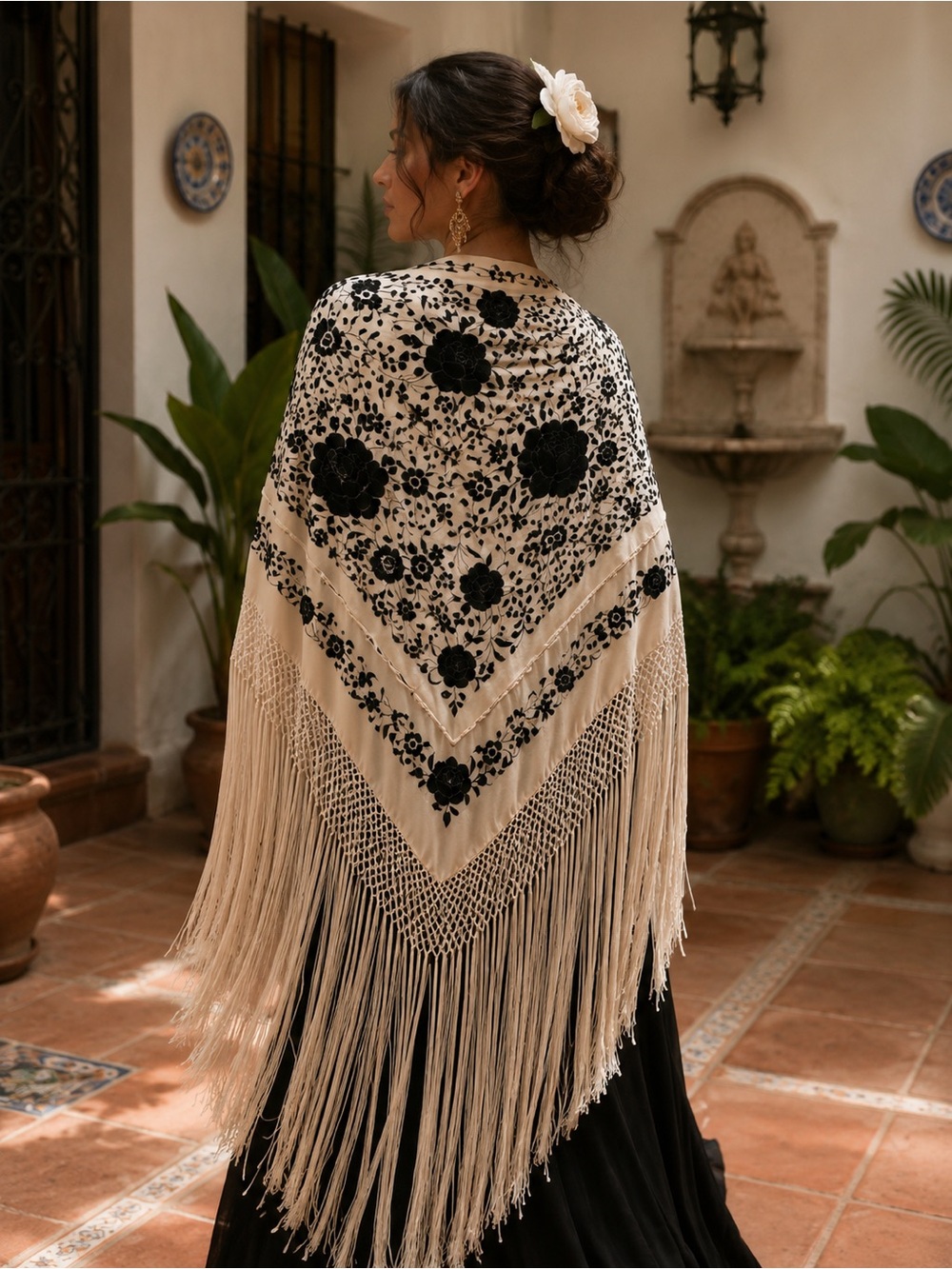 Embroidered Floral Fringe Shawl vintage made Spain